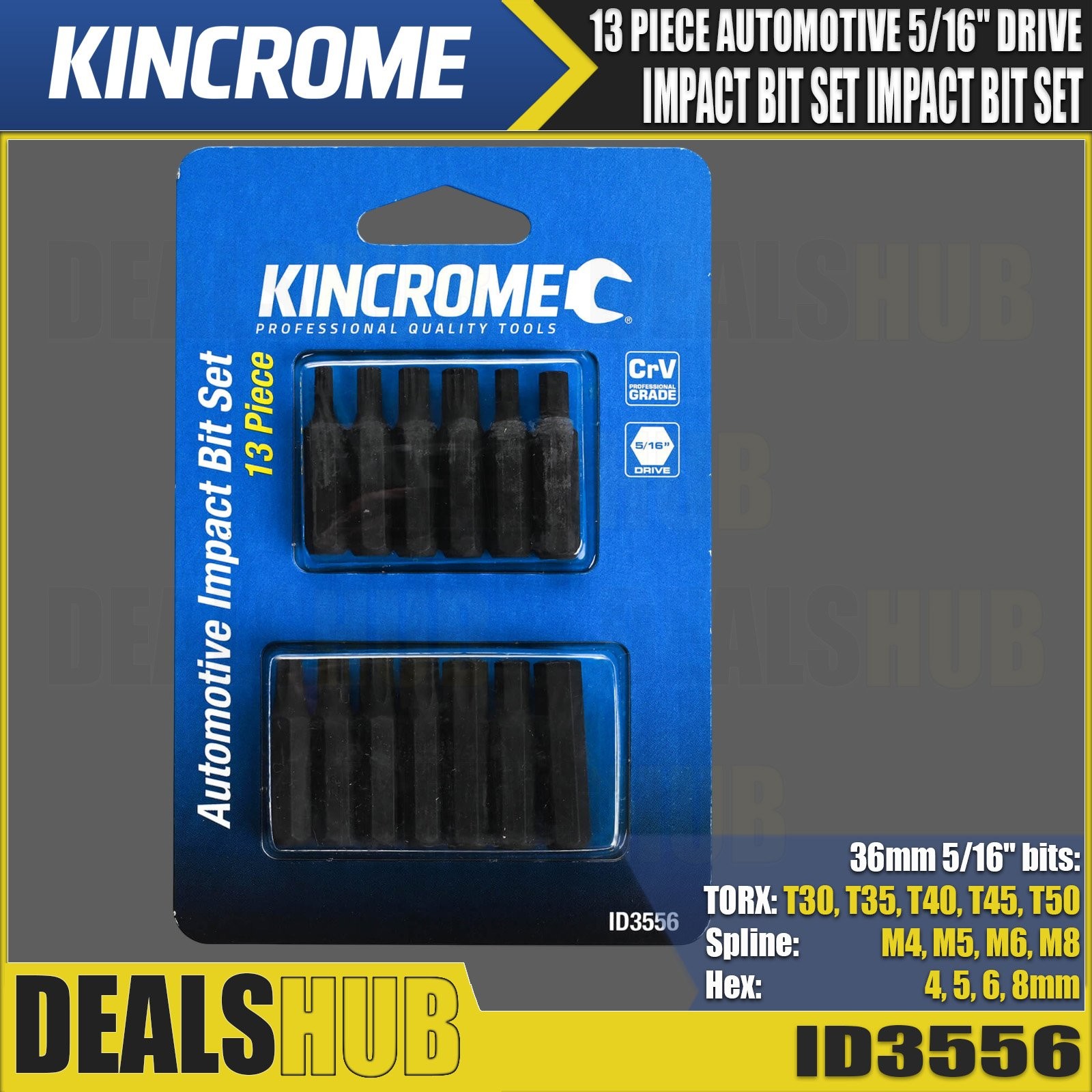 KINCROME 13 Piece 5/16" Drive Automotive Impact Bit Set TORX HEX SPLINE ID3556