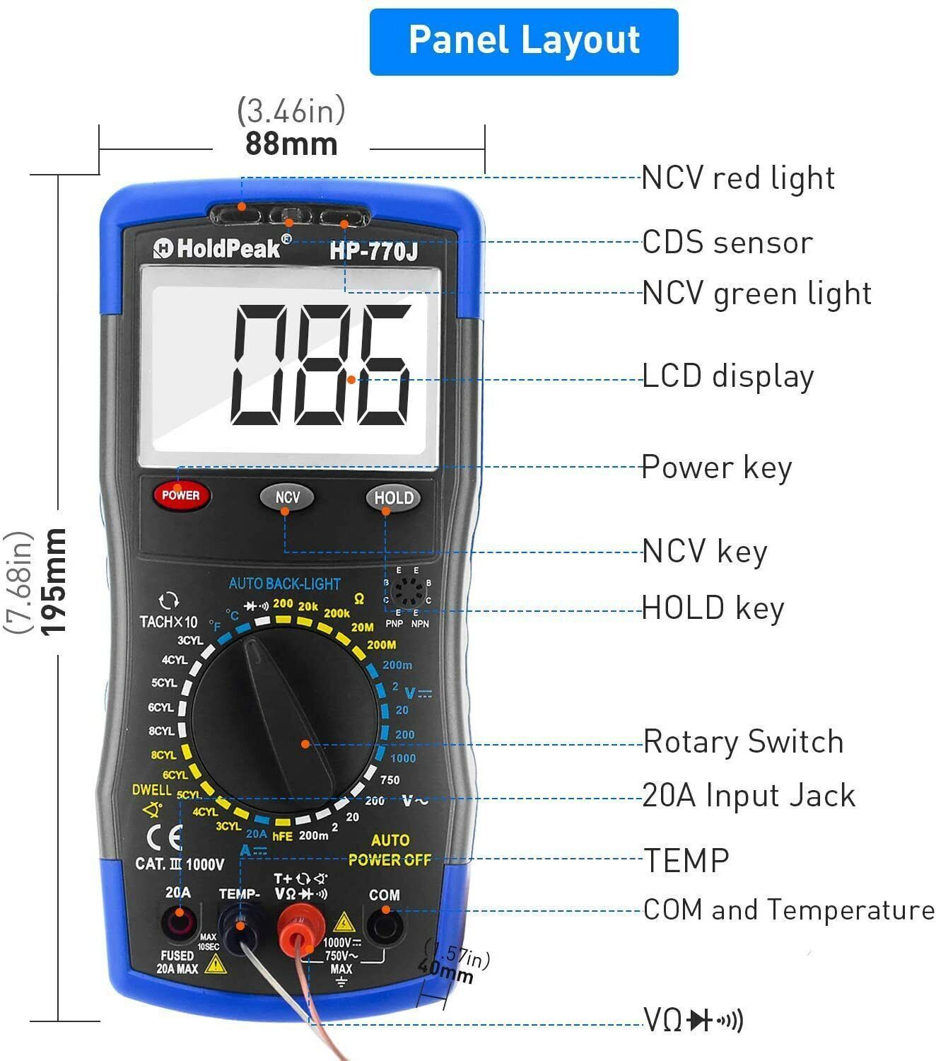 Automotive Digital Multimeter Tachometer Car AC DC Volt RPM DWELL NCV Tester 20A - Image 3