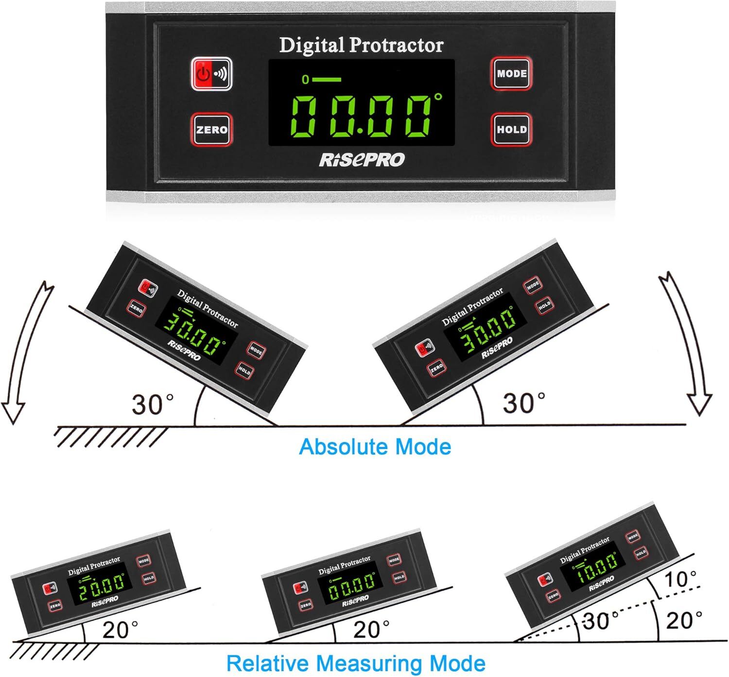 Inclinometer, RISEPRO® Digital Protractor Angle Finder Level Black - Image 5