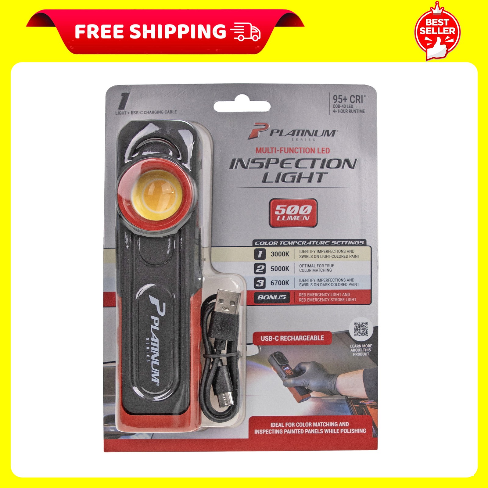 Platinum Series 500 LM, USB-C Rechargeable LED Paint Inspection Light, 6.5 in.