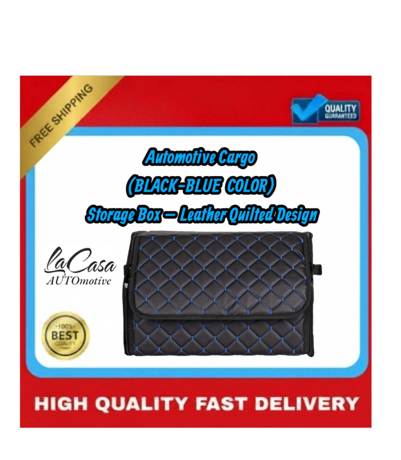 Automotive Cargo Storage Box – Leather Quilted Design(BLACK BLUE COLOR) - Image 5