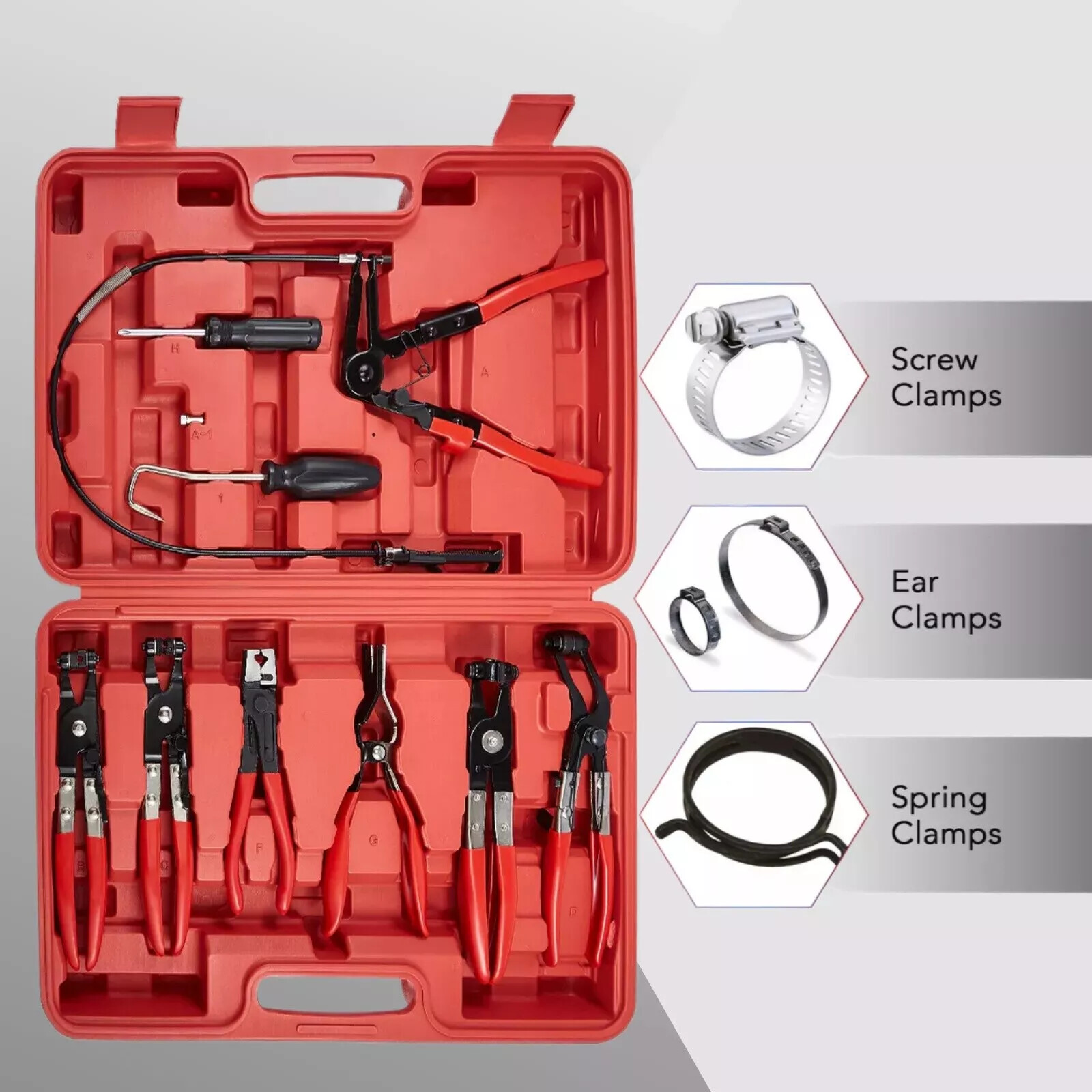 10Pc Hose Clamp Clip Remover Pliers Wire Long Reach Kit Fuel Oil Water Hose Tool