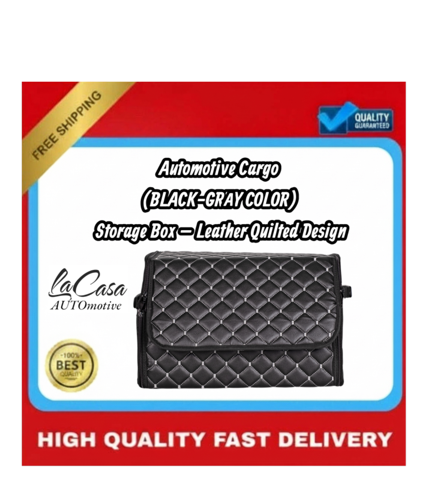 Automotive Cargo Storage Box – Leather Quilted Design(BLACK GRAY COLOR) - Image 4