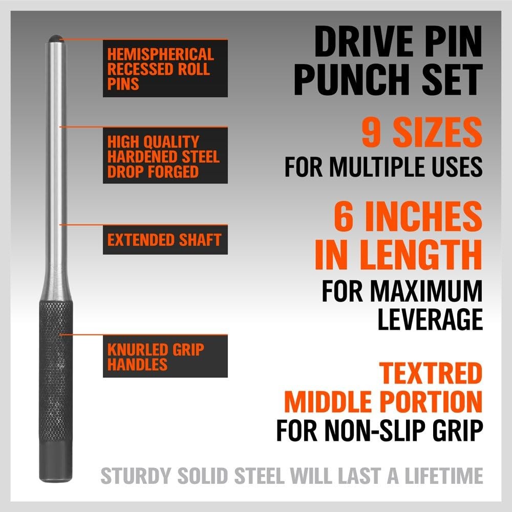 9-Piece Roll Pin Punch Set, Precision Steel Tools for Automotive, Watch Repair, - Image 5