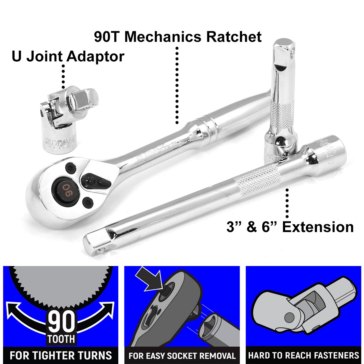 Stark USA 55PCS Socket Set 1/4" Drive 90T-Ratchet Extension Bar SAE / Metric Set - Image 4