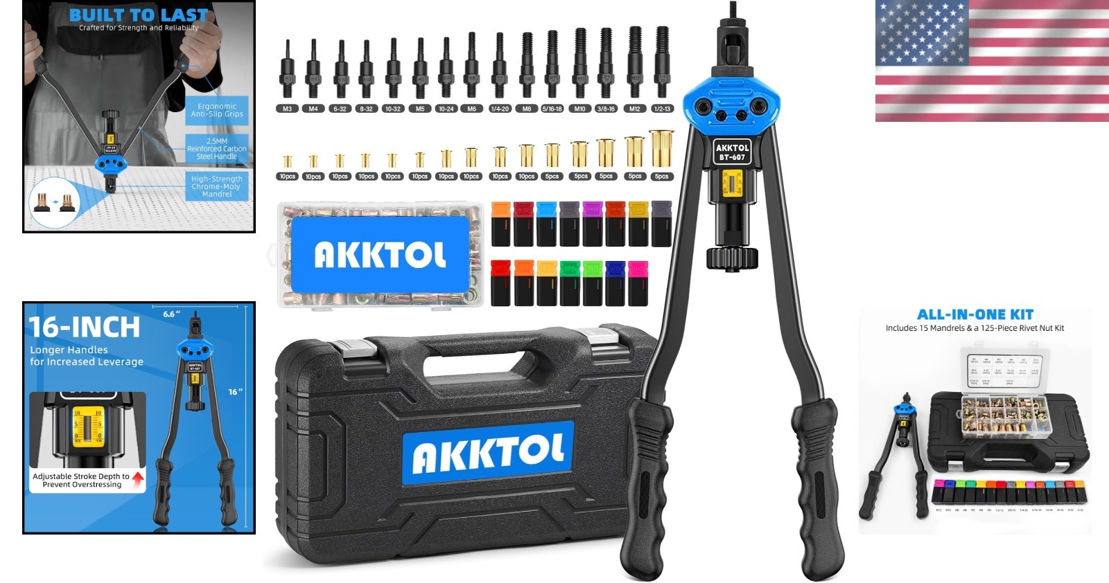 Rugged 16" Rivnut Tool Set with 15 Mandrels: Perfect for Automotive & Metal Work - Image 2