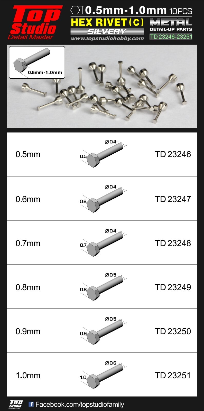 Top Studio 1.0mm Hex Rivets (C) Silvery - 10 pieces - Detail-Up Item # TD23251