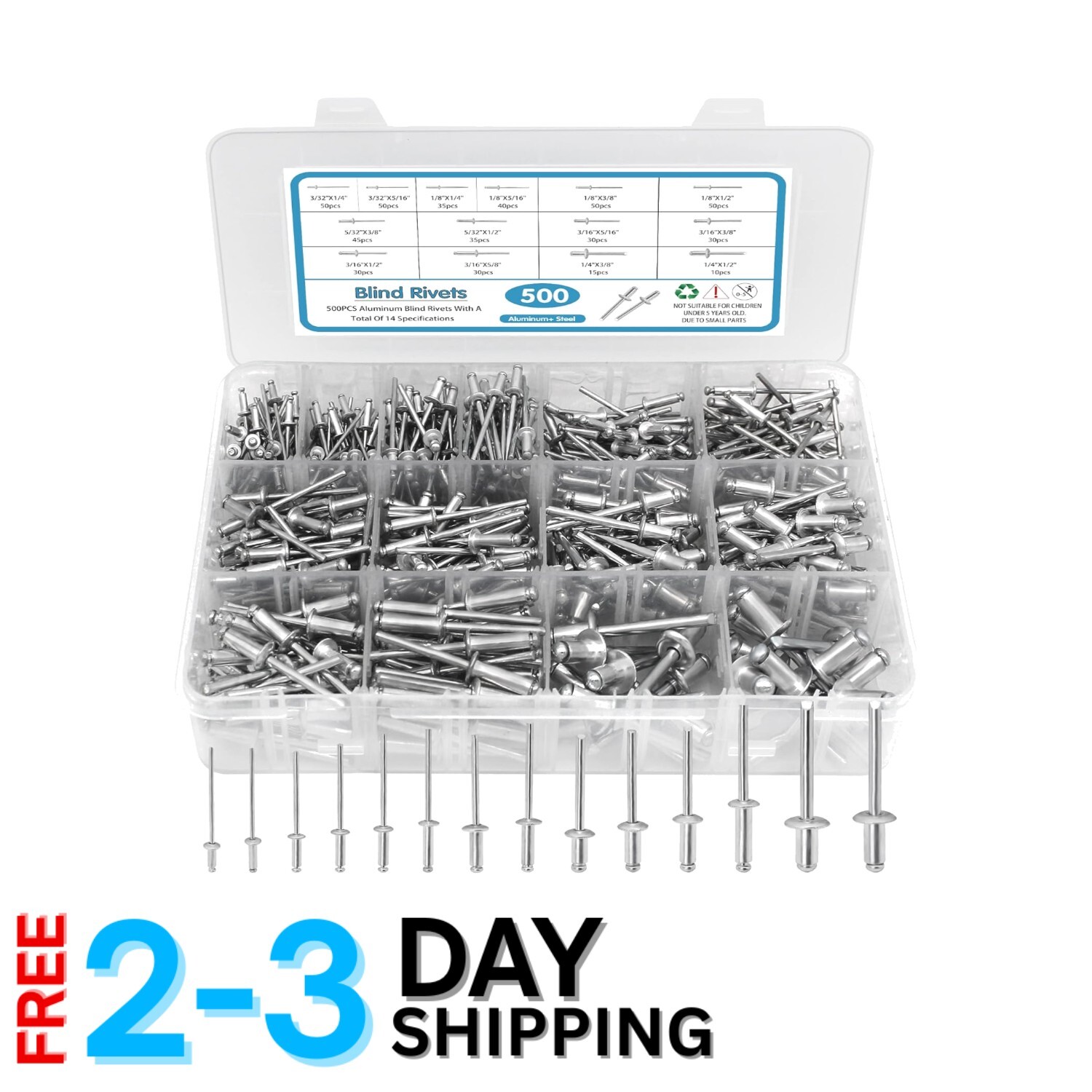 500pcs Aluminum Rivets Set Assorted Sizes Perfect for Home Automotive DIY