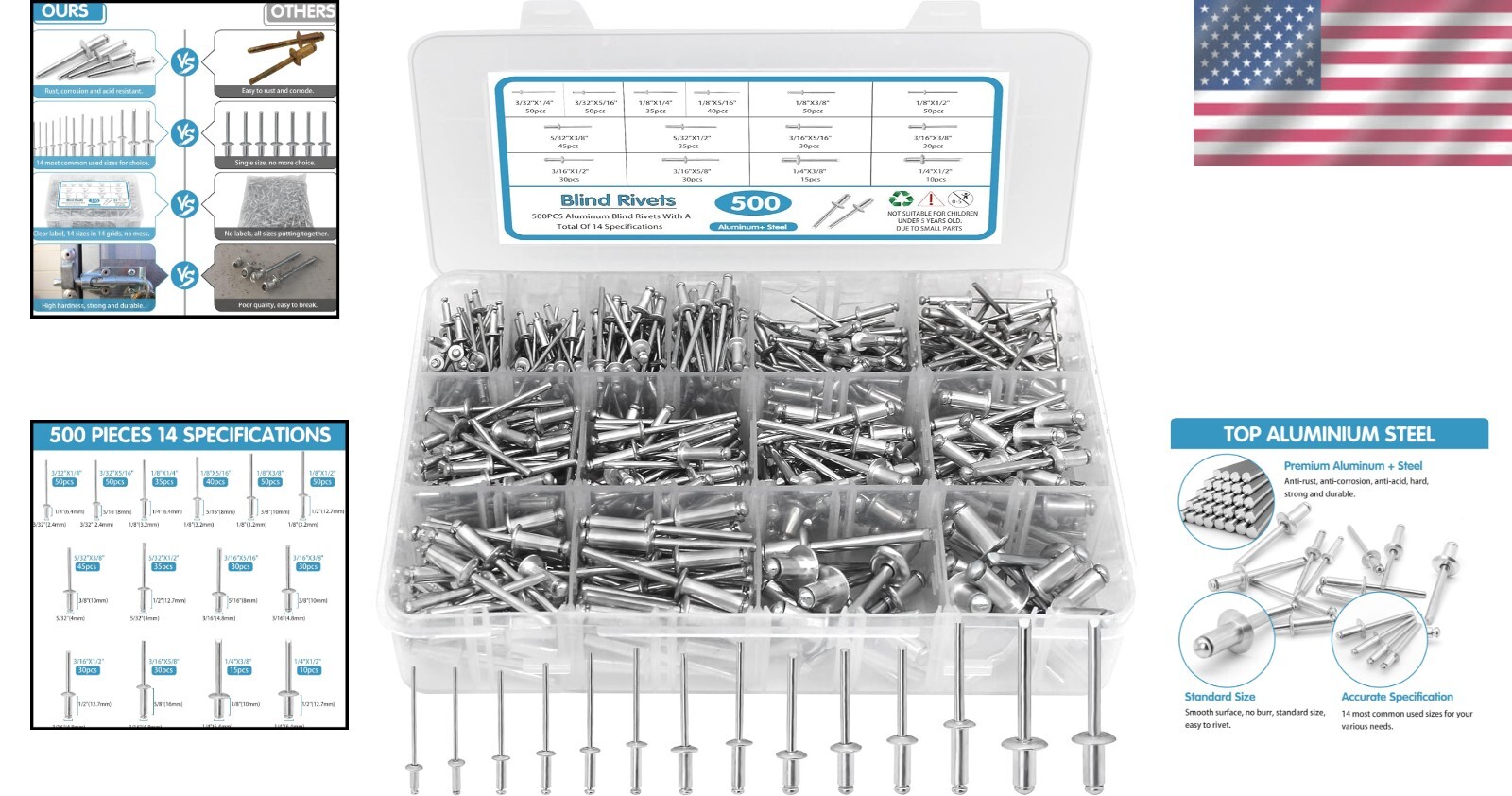 500pcs Aluminum Rivets Set Assorted Sizes Perfect for Home Automotive DIY - Image 2