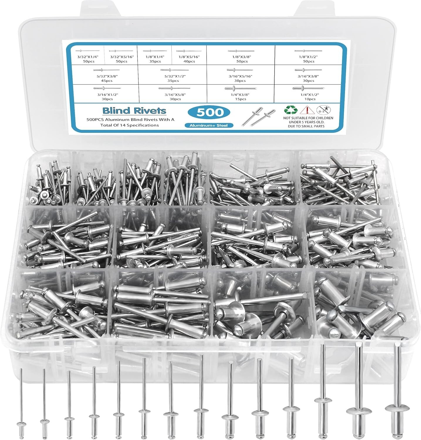 500pcs Aluminum Rivets Set Assorted Sizes Perfect for Home Automotive DIY - Image 3
