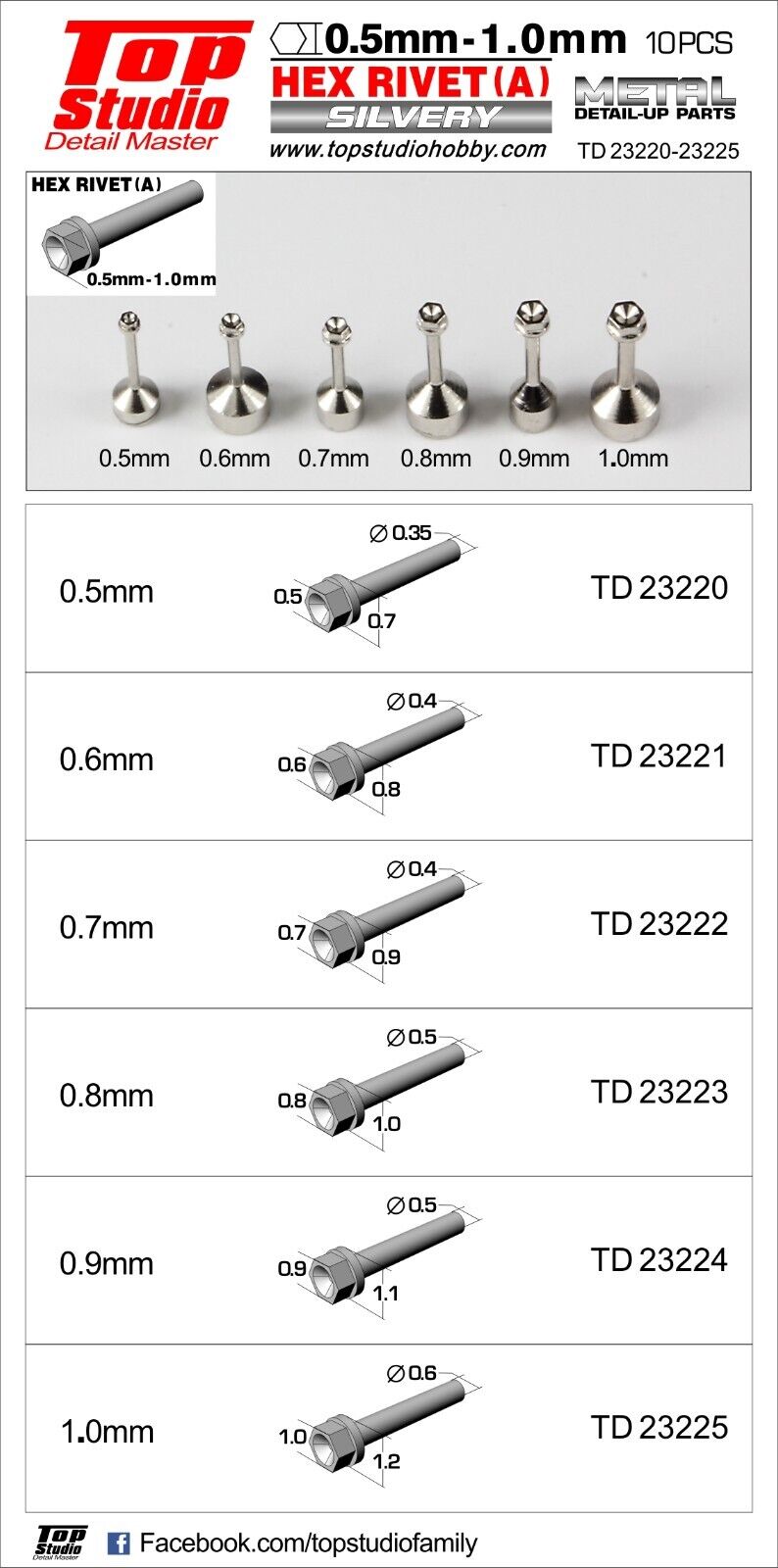 Top Studio 0.6mm Hex Rivets (A) Silvery - 10 pieces - Detail-Up Item # TD23221