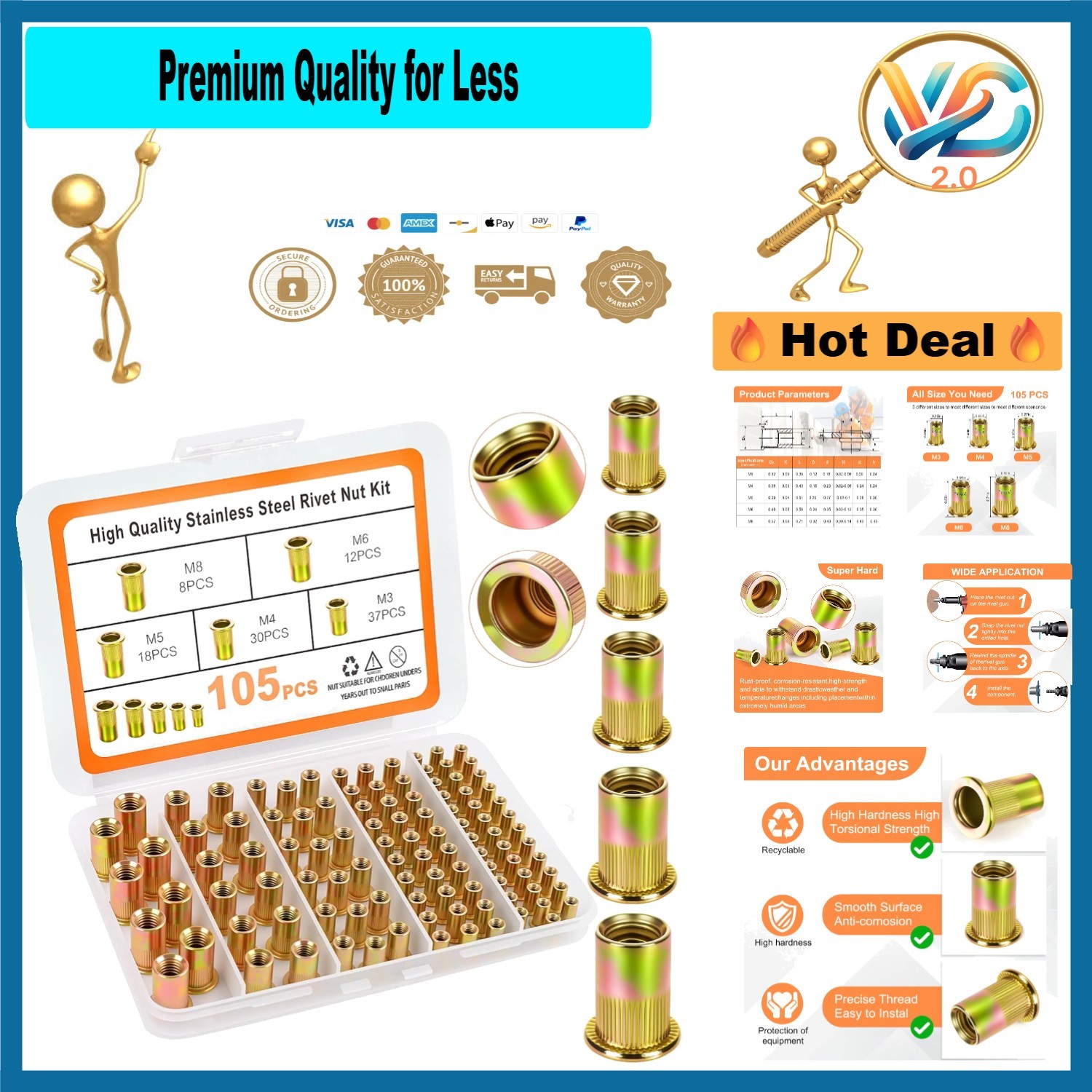 Stainless Steel Rivet Nut Assortment Kit 105pcs M3 M4 M5 M6 M8 Automotive