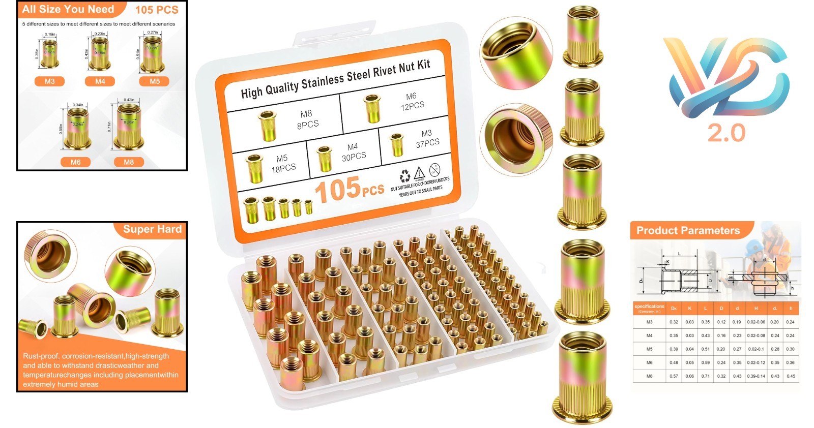 Stainless Steel Rivet Nut Assortment Kit 105pcs M3 M4 M5 M6 M8 Automotive - Image 2