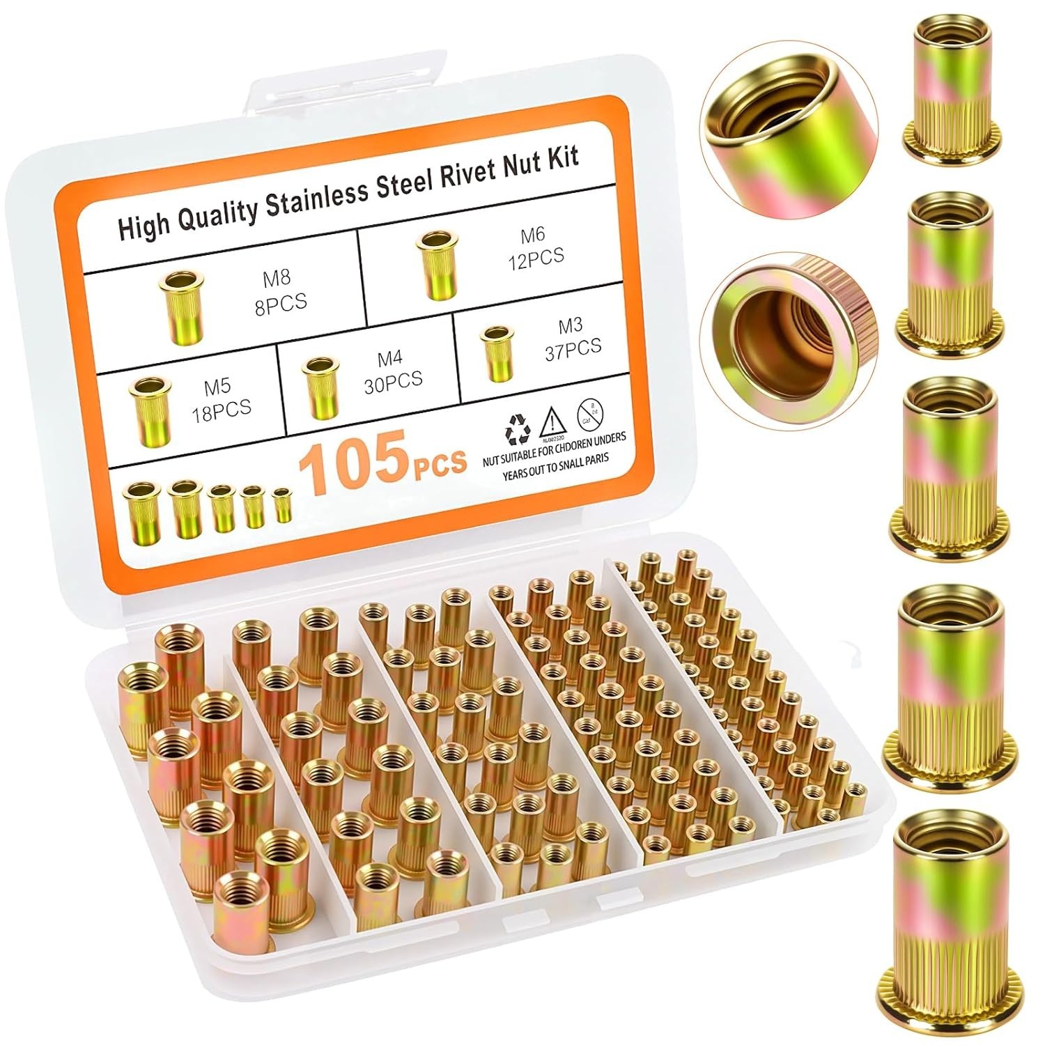 Stainless Steel Rivet Nut Assortment Kit 105pcs M3 M4 M5 M6 M8 Automotive - Image 3