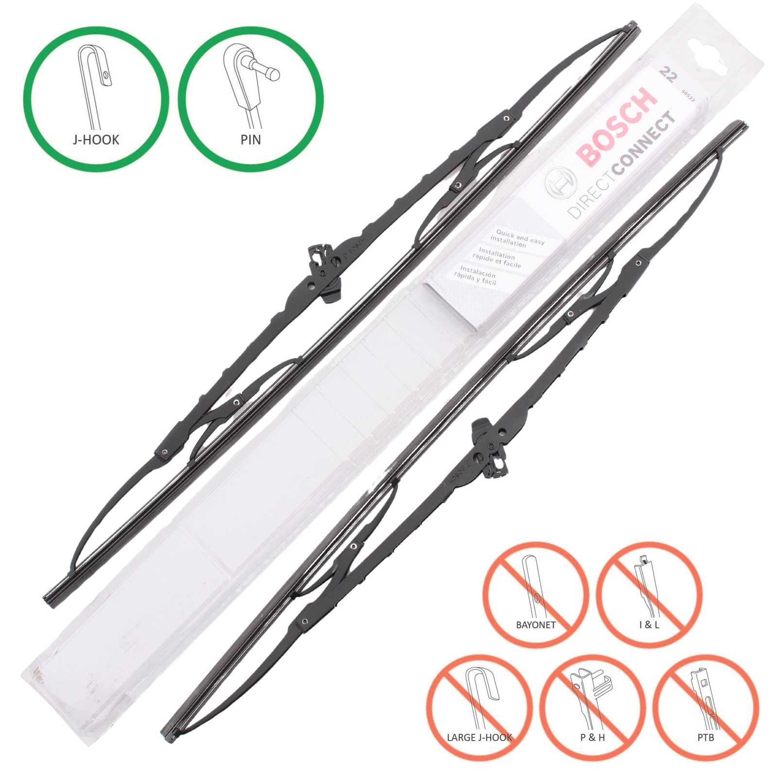 2 Bosch Automotive 40522 Direct Connect Windshield Wiper Blades 22" Conventional