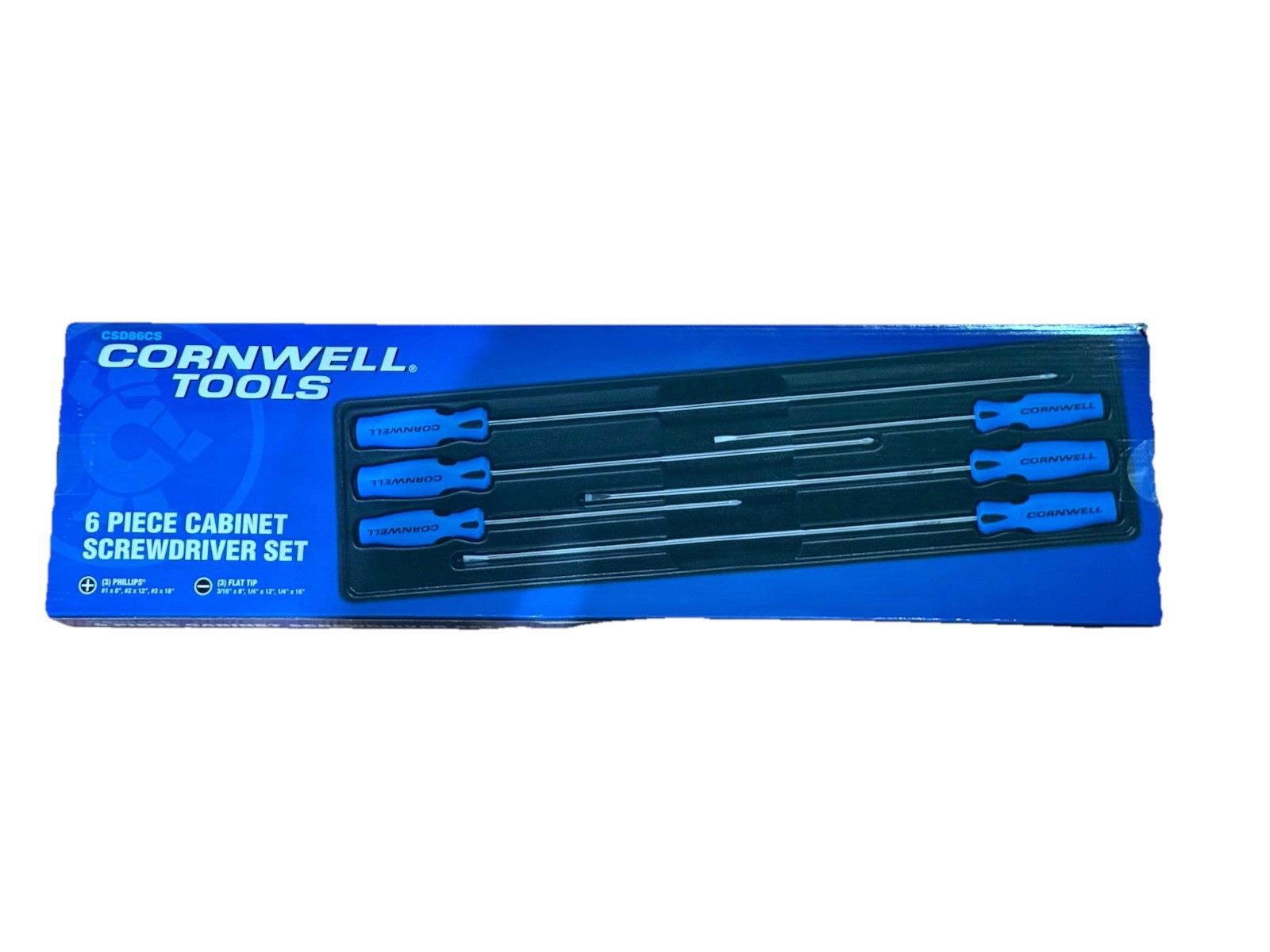 NEW Cornwell CSD86CS 6pc BLUE Cabinet Screwdriver Set, (3) Phillips & (3) Flat