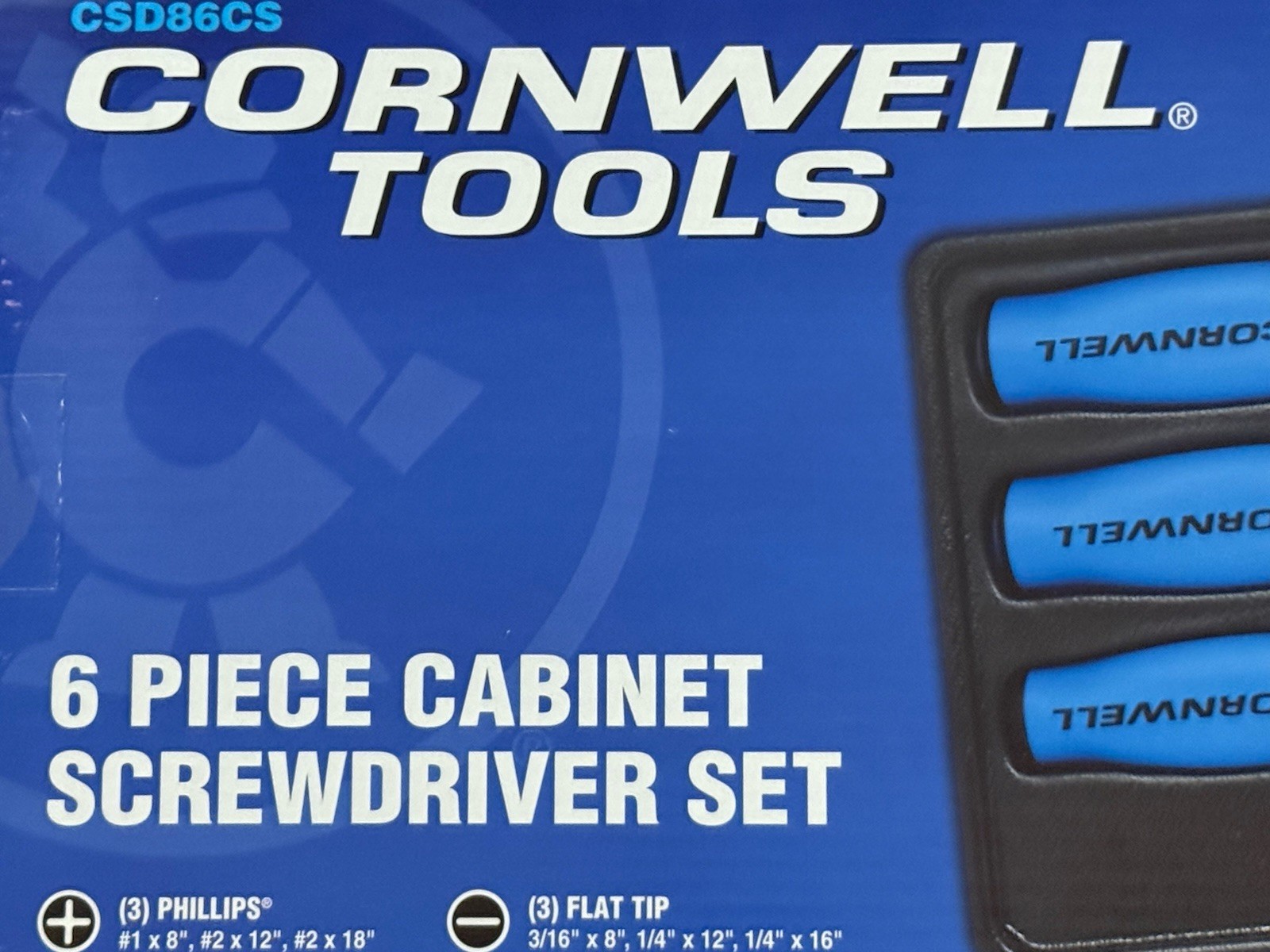 NEW Cornwell CSD86CS 6pc BLUE Cabinet Screwdriver Set, (3) Phillips & (3) Flat - Image 2