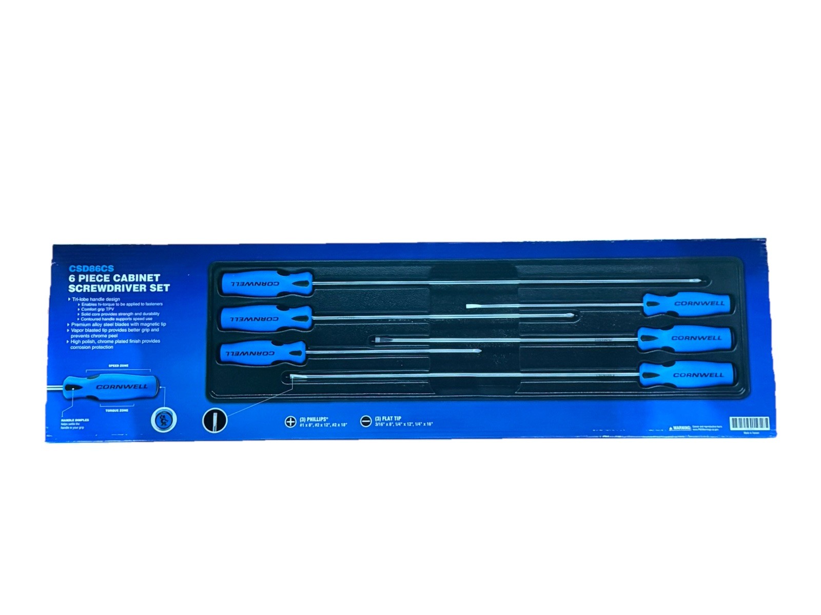 NEW Cornwell CSD86CS 6pc BLUE Cabinet Screwdriver Set, (3) Phillips & (3) Flat - Image 4