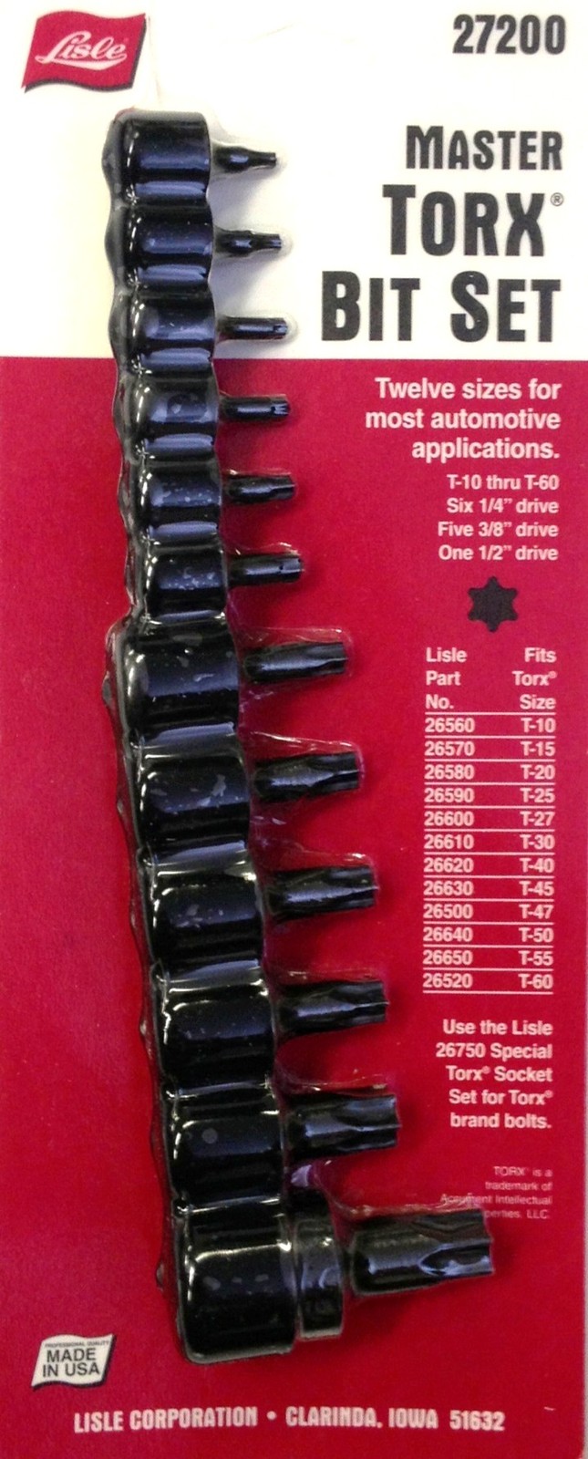 Lisle 27200 12pc Master Torx Bit Set Sizes T10 - T50 for Automotive Applications - Image 2