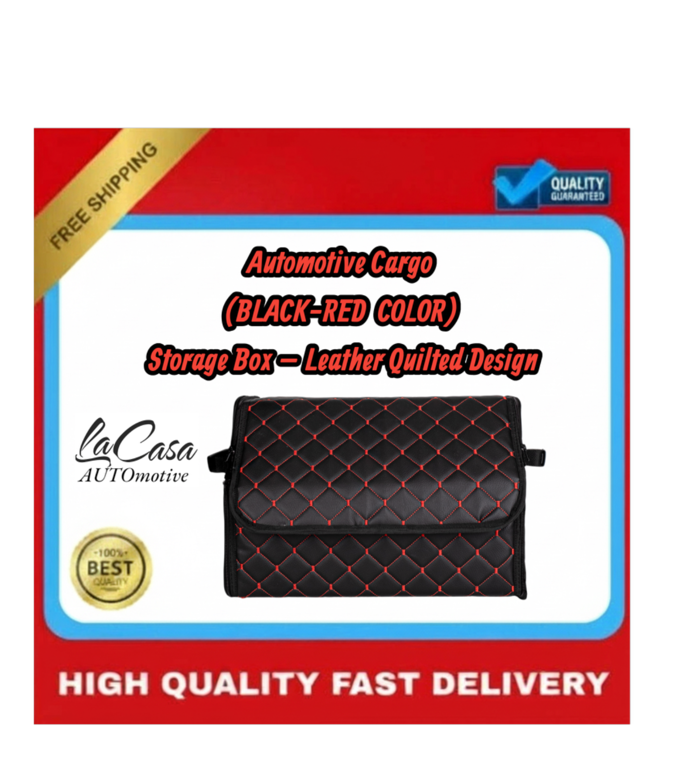 Automotive Cargo Storage Box – Leather Quilted Design(BLACK-RED COLOR) - Image 5