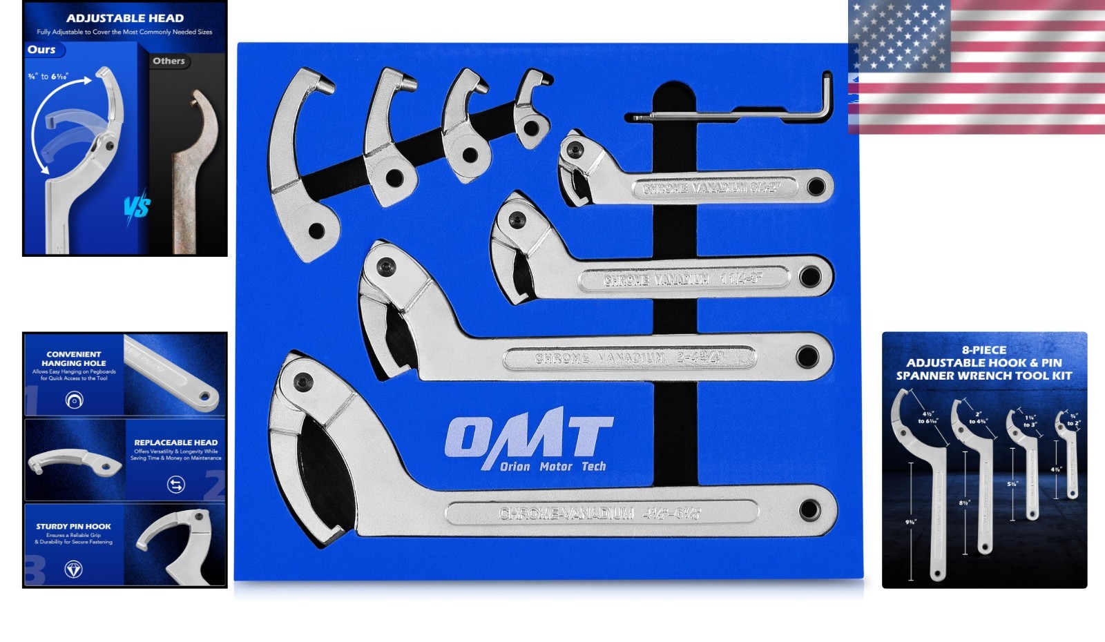 8-Piece Adjustable Pin Spanner Wrench Tool Set for Automotive, Plumbing, and ... - Image 2