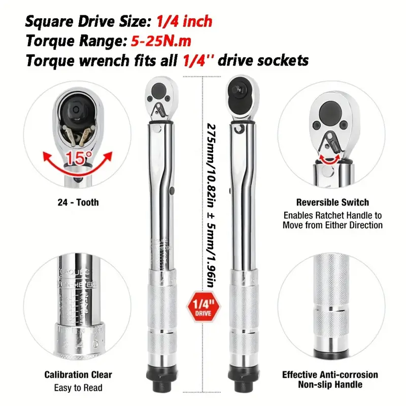 Adjustable 5-25NM -1/4 '' Drive Torque Wrench Automotive Bicycle Repair Kit - Image 3