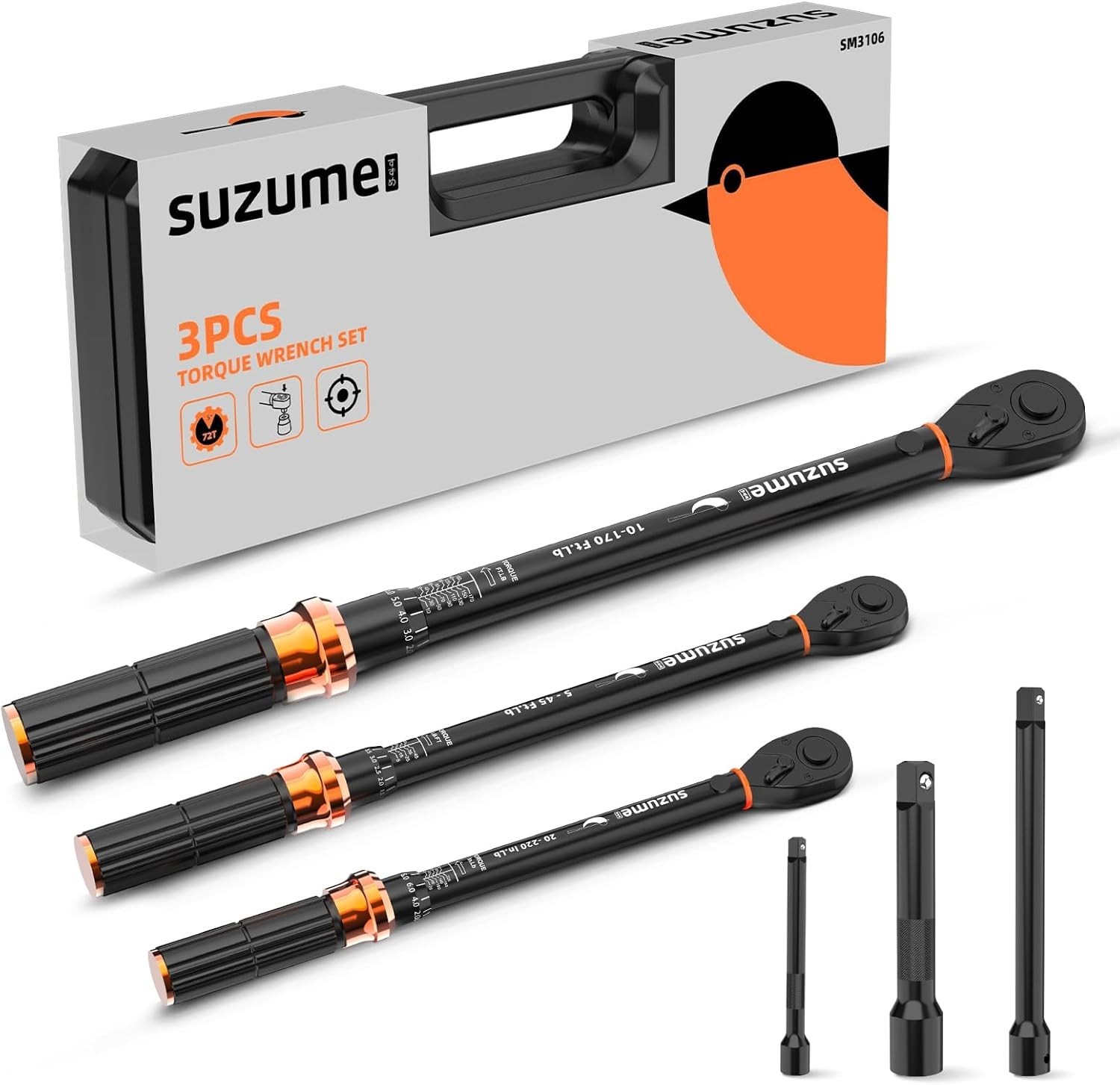SUZUME 3-PC Torque Wrench Set - 72 Teeth, Dual-Scale, ±3% Accuracy NEW & SEALED