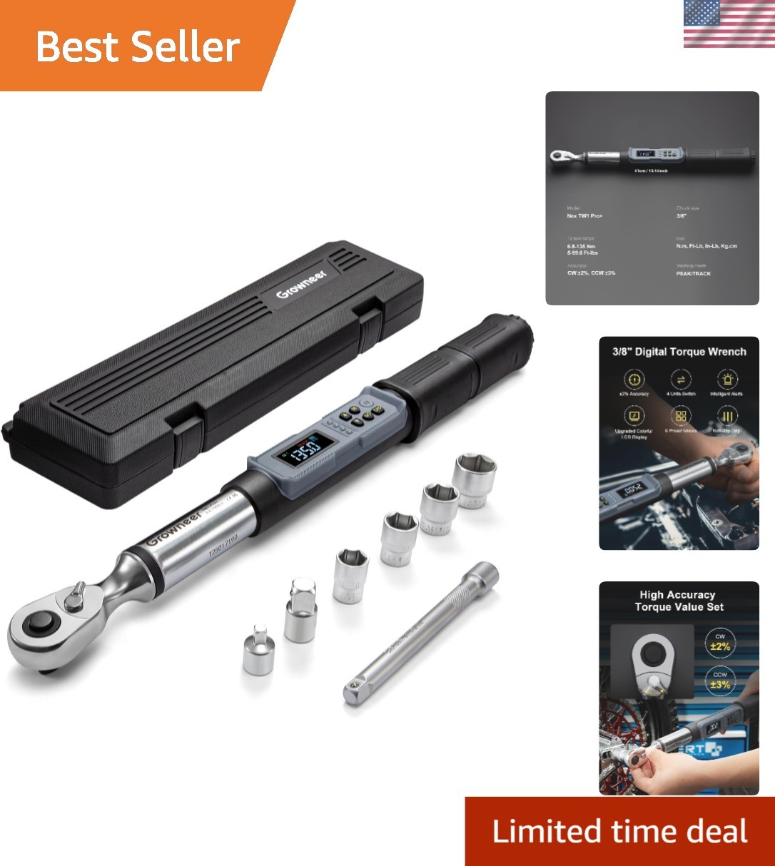 Digital Torque Wrench 6.8-135 Nm 3/8 Inch Drive LED Buzzer Auto Repair Tools