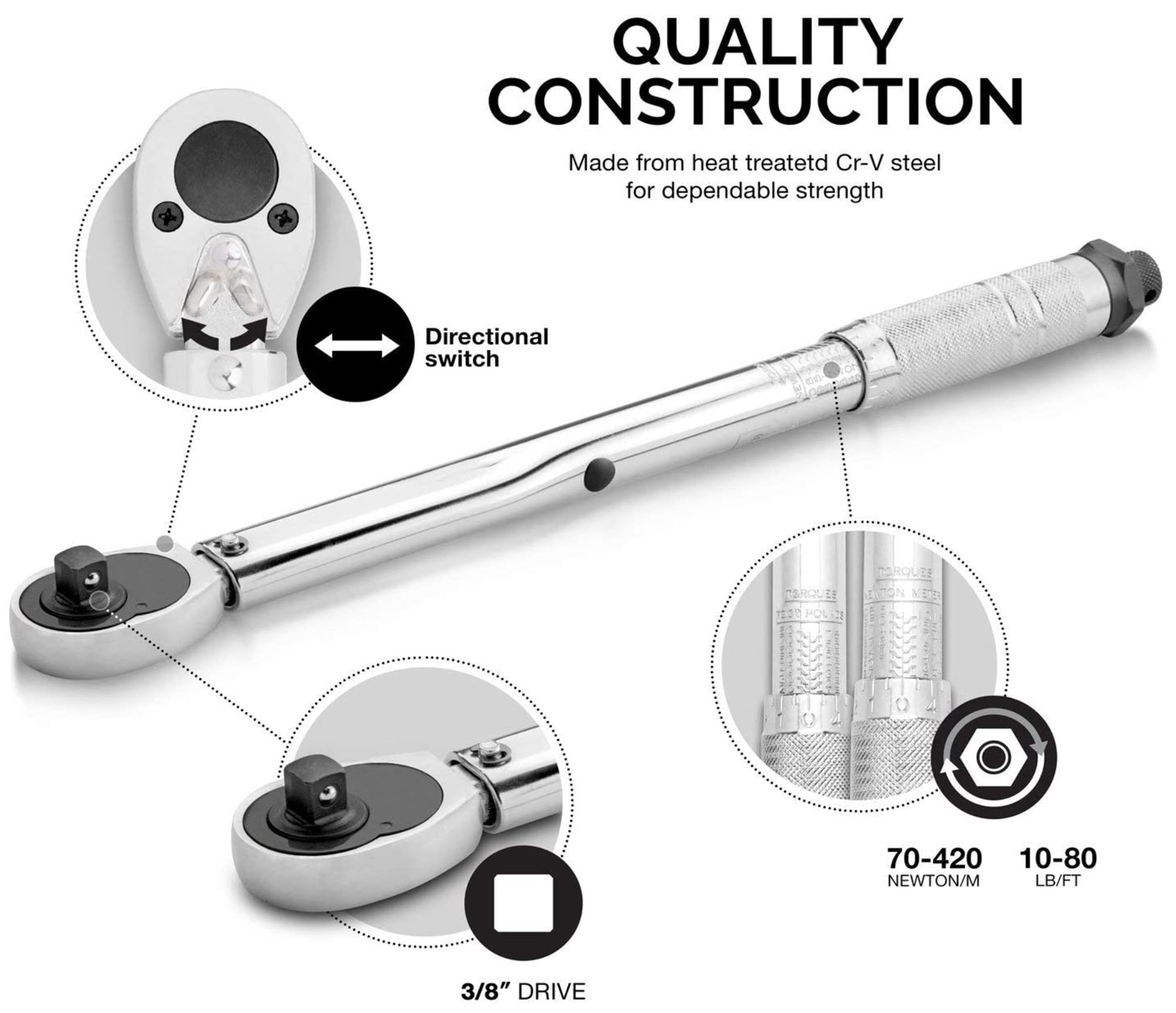 Neiko 03723A 14" 3/8" Drive Adjustable Click Torque Wrench – SAE 10–80 ft‑lb - Image 2