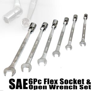 6 Pc Flex Socket & Open Wrench Set SAE Standard Automotive Tools