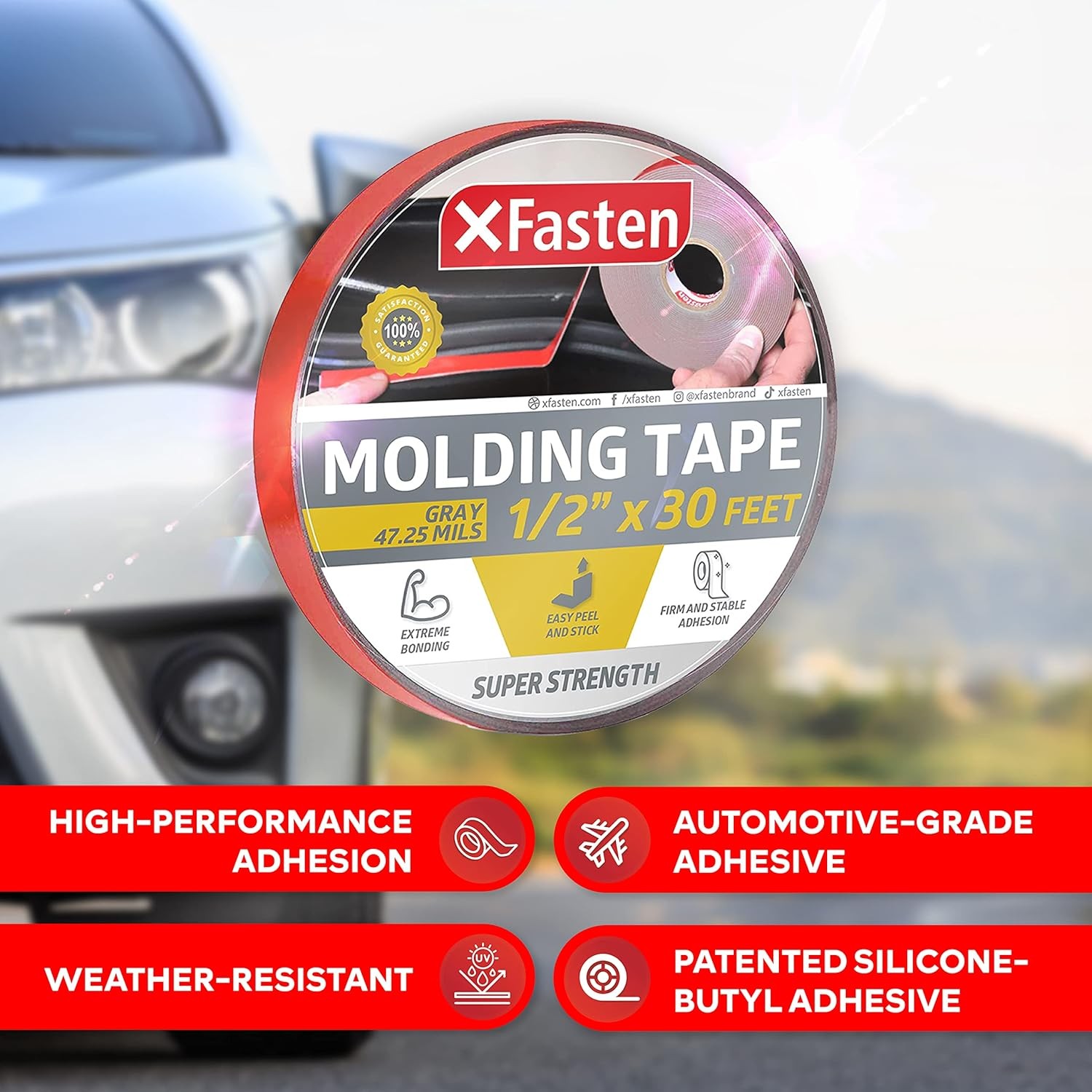 XFasten Super Strength Automotive Molding Tape, Gray, 1/2-Inch x 30-Foot, Double - Image 2