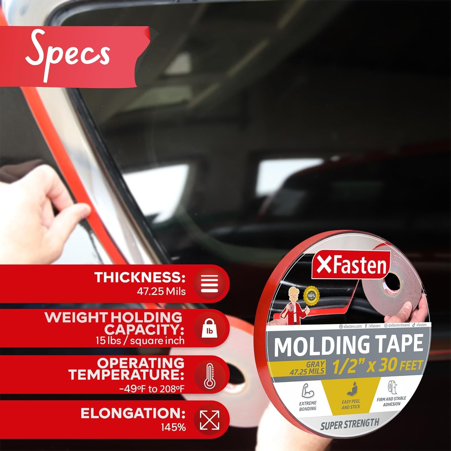 XFasten Super Strength Automotive Molding Tape, Gray, 1/2-Inch x 30-Foot, Double - Image 3