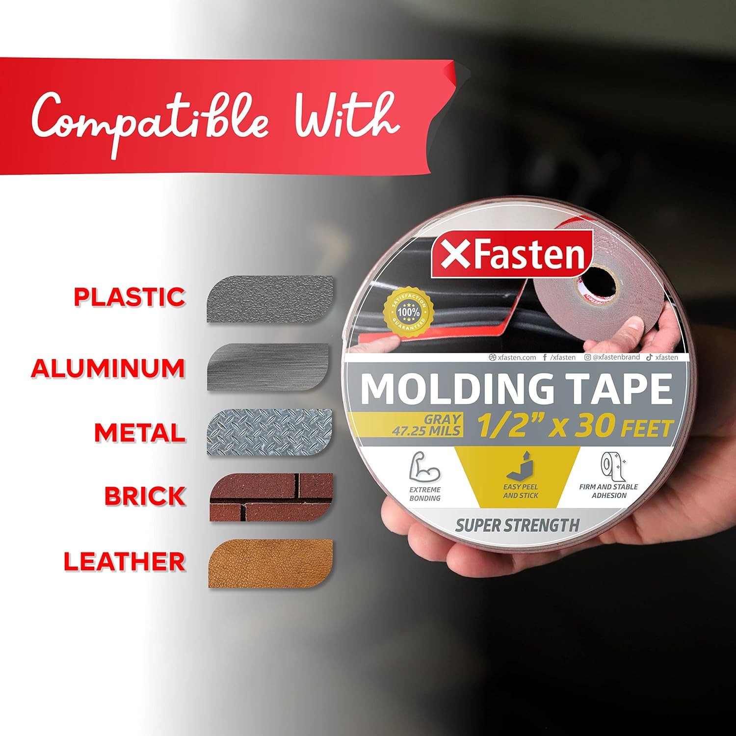 XFasten Super Strength Automotive Molding Tape, Gray, 1/2-Inch x 30-Foot, Double - Image 5