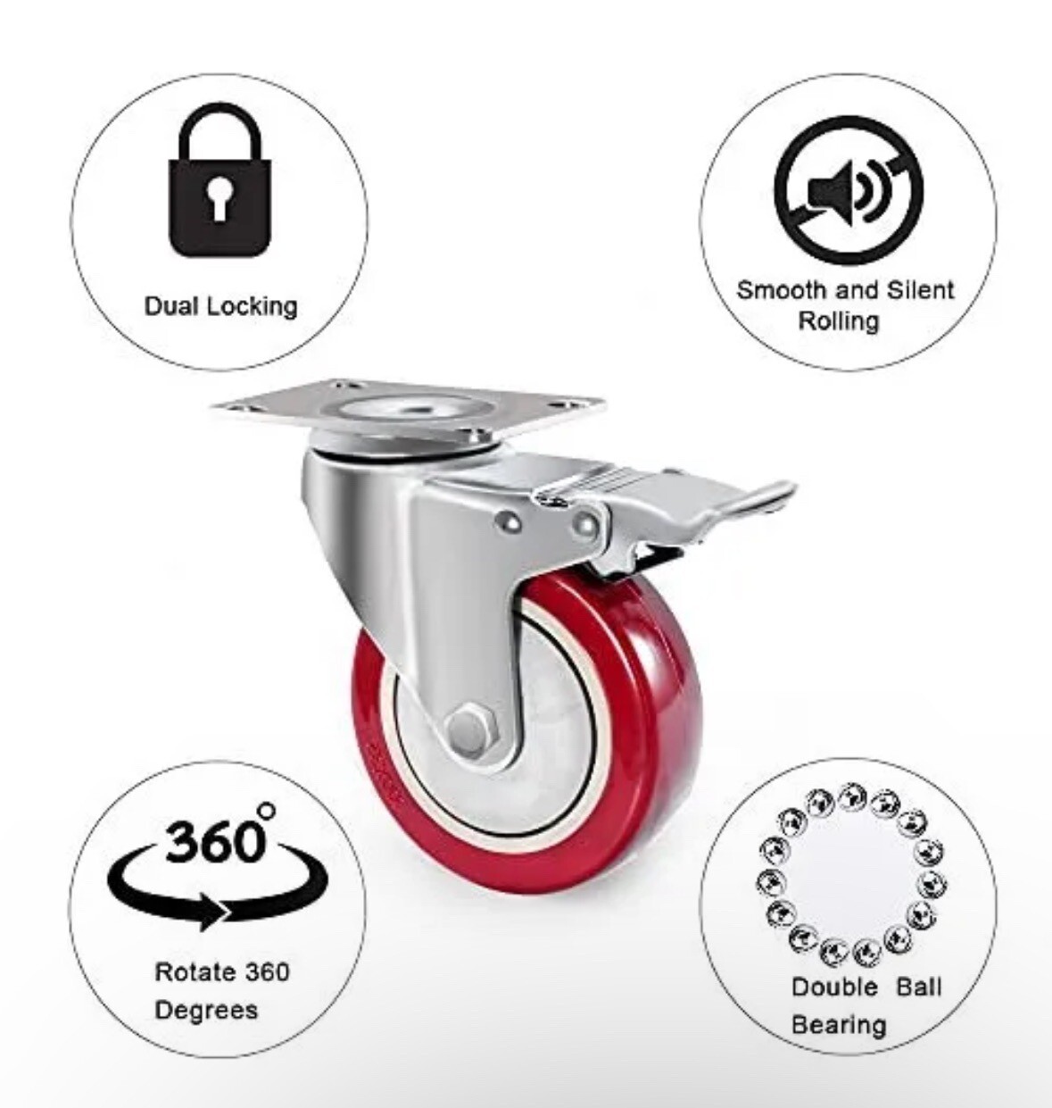 4" Plate Caster Wheels Set of 4 1800LB with Screw Safety Dual Locking and - Image 2