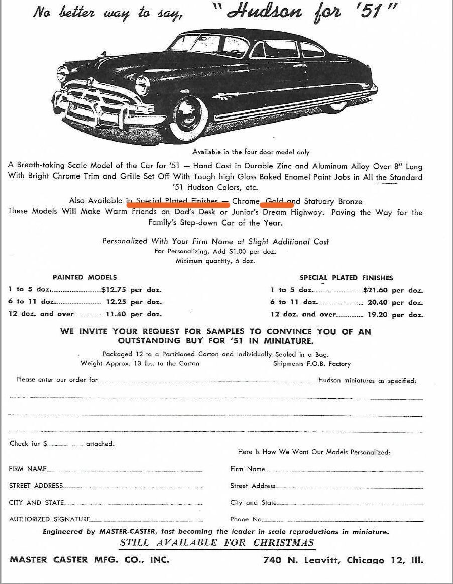 1951 Hudson Commodore Master Caster promotional promo model GOLD PLATED - Image 5