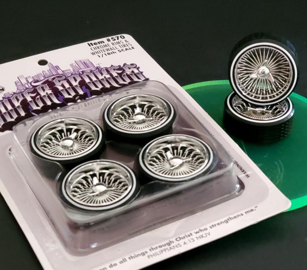 1/18 SUPER SPOKES Chrome LOWRIDER SMOOTH Style 3 Prong K/O Rim & LOW PRO WW Tire - Image 4