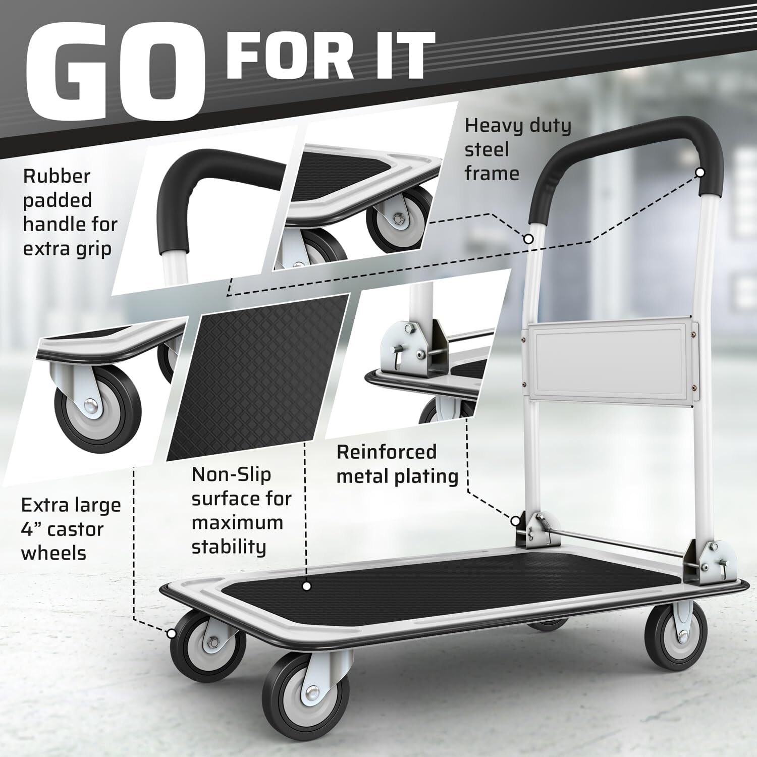 Folding Hand Truck Dolly Cart - 330lbs Capacity Luggage Trolley in White - Image 3