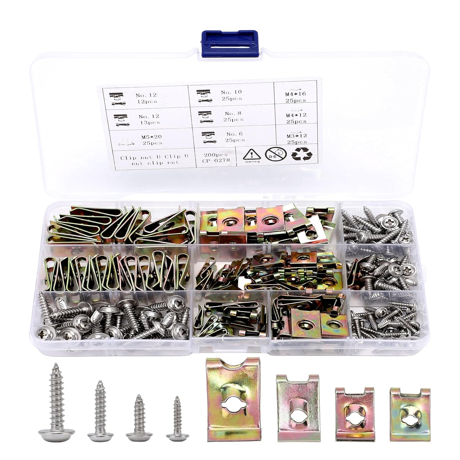 200PCS Car U‑Clips with Screw Assortment Kit, Automotive Screws and Clips, 6/8/1
