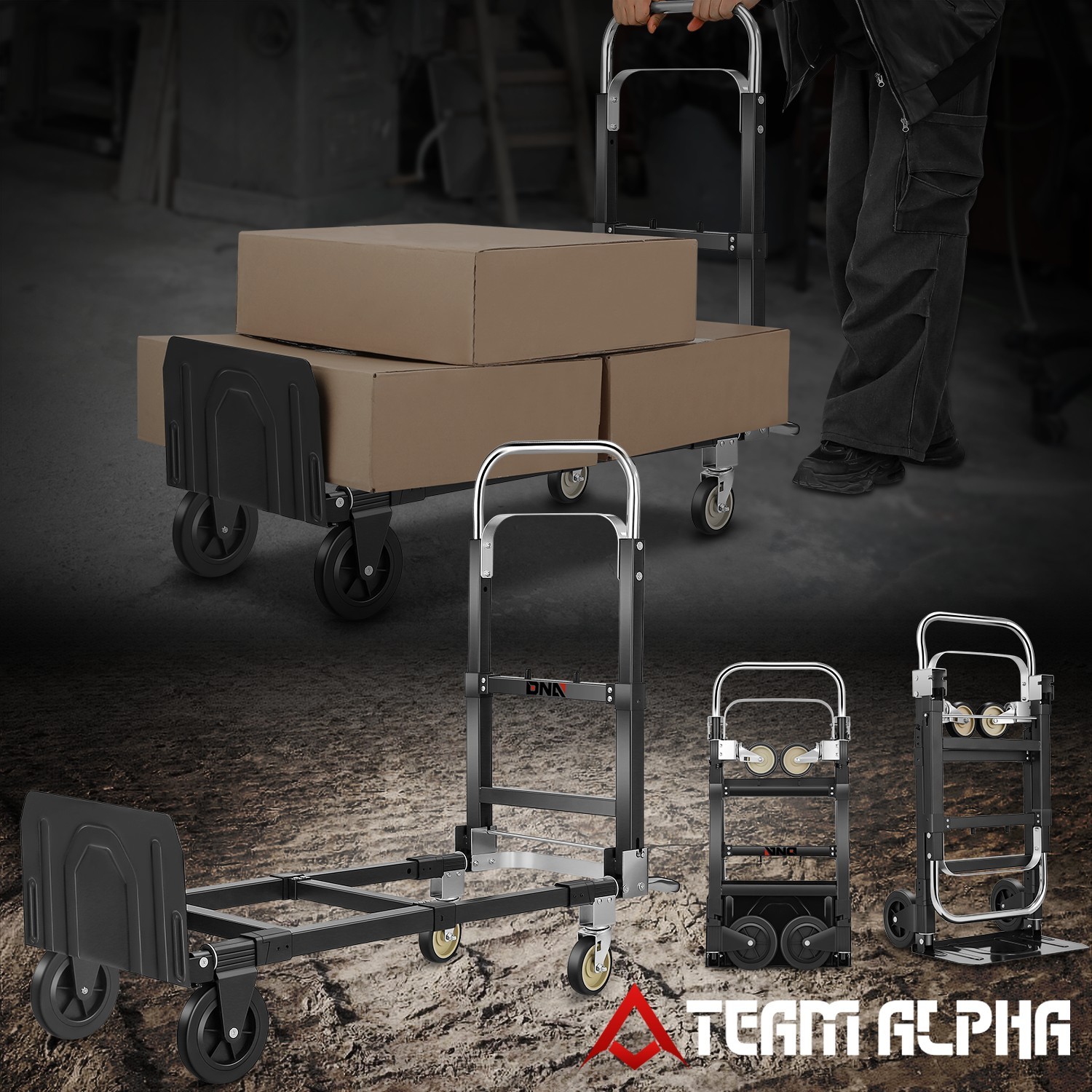 2-in-1 660LBS Black Adjustable Folding Convertible Hand Truck Trolley Dolly Cart