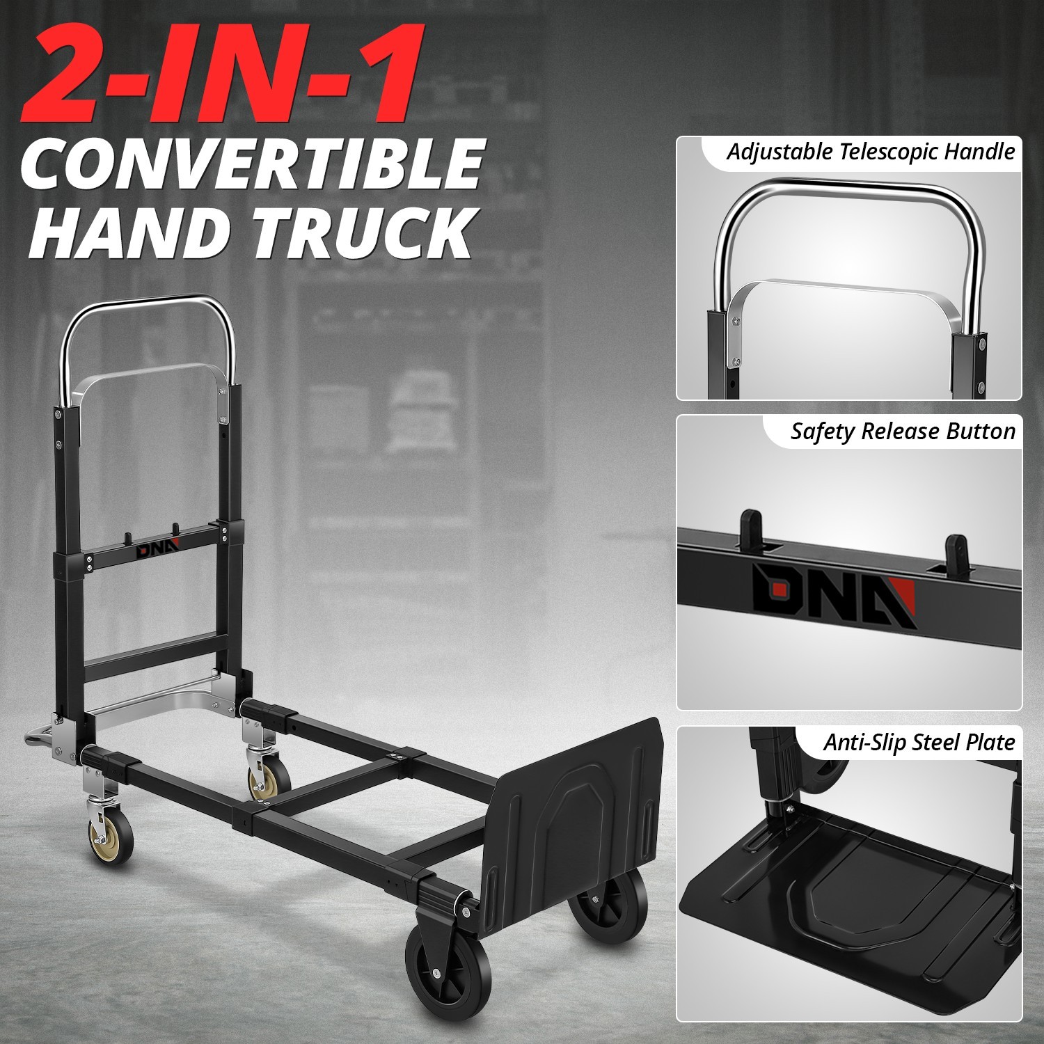 2-in-1 660LBS Black Adjustable Folding Convertible Hand Truck Trolley Dolly Cart - Image 2