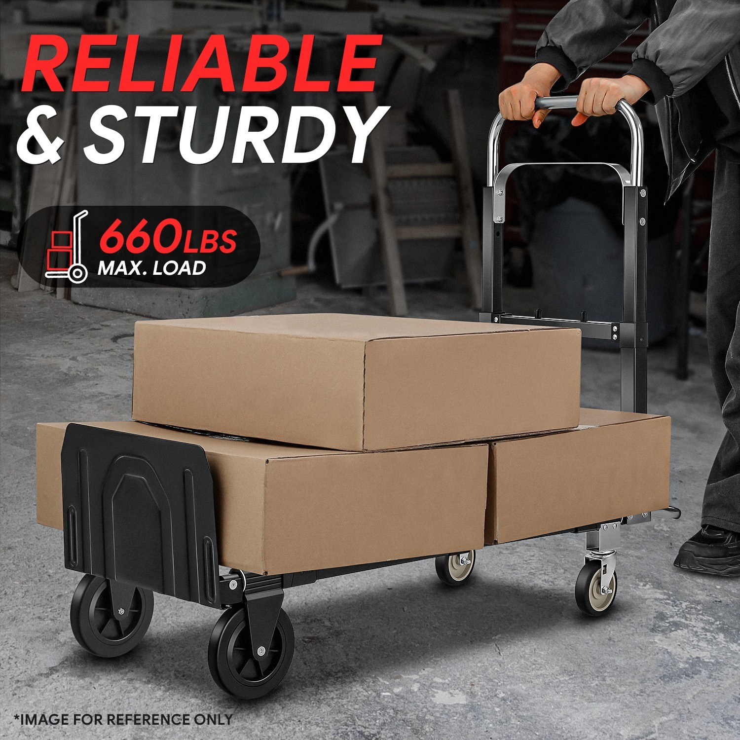 2-in-1 660LBS Black Adjustable Folding Convertible Hand Truck Trolley Dolly Cart - Image 4