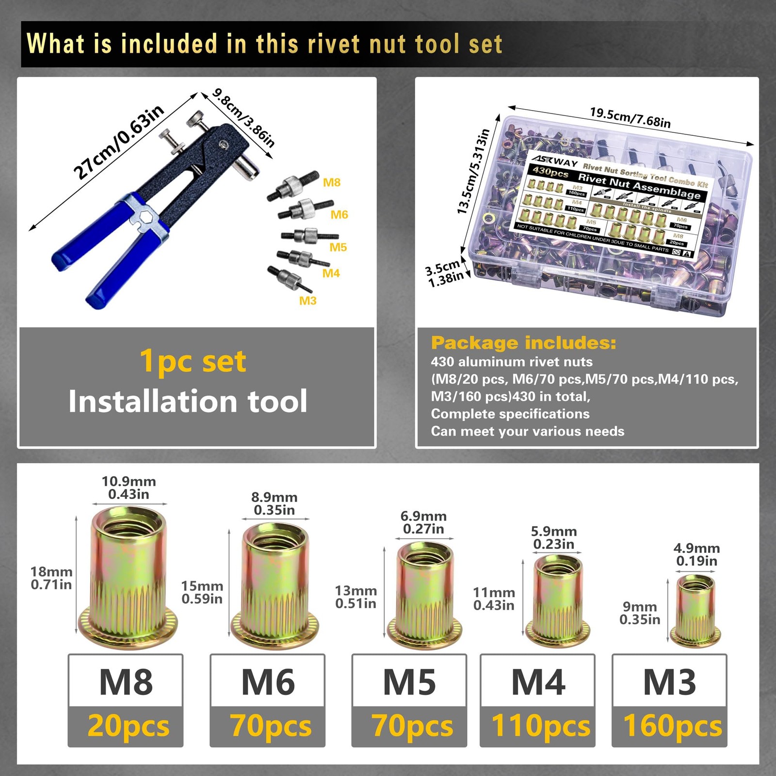 Pressure Rivet Nut Tool Kit, 430Pcs Metric Set for Automotive Furniture - Image 3