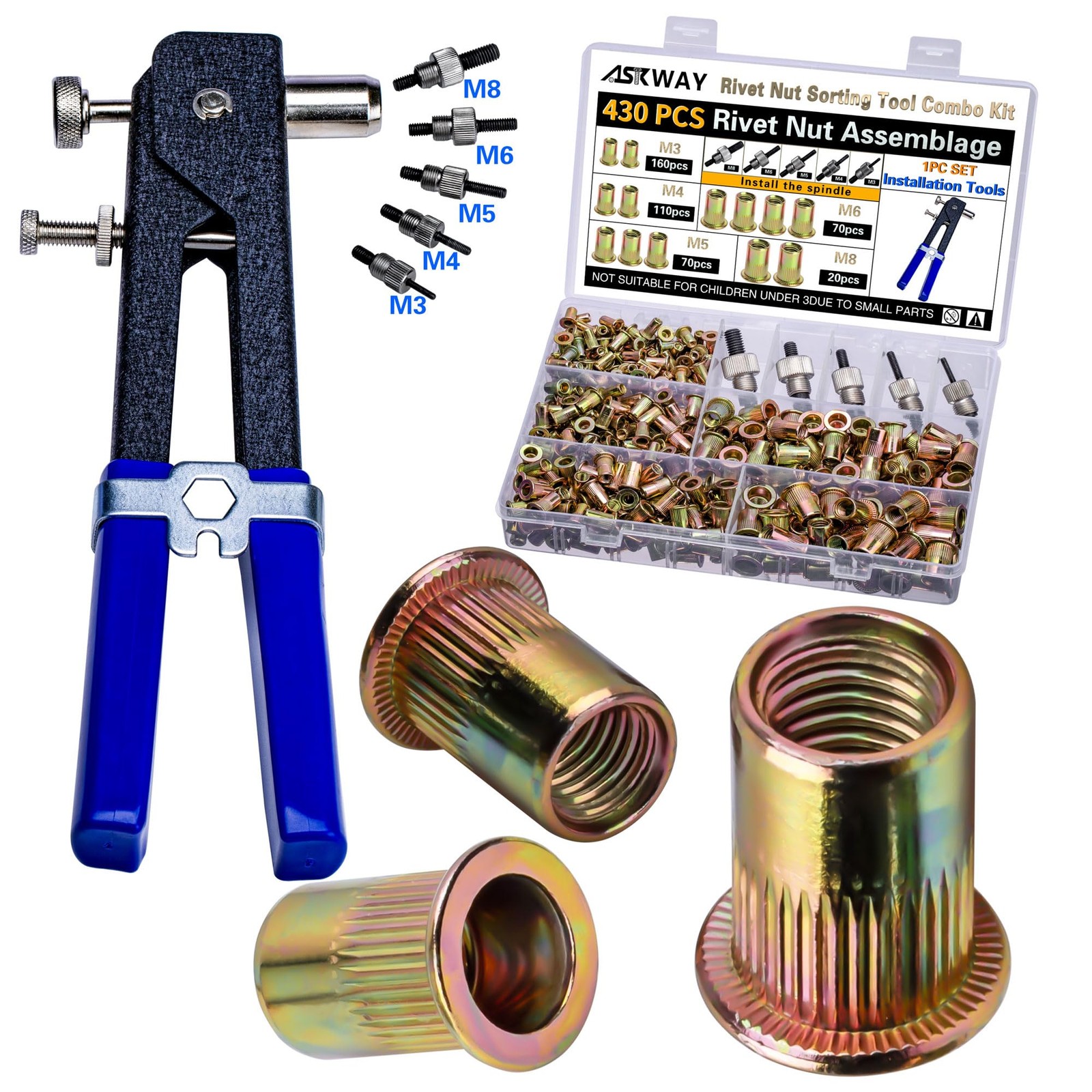 Pressure Rivet Nut Tool Kit, 430Pcs Metric Set for Automotive & Furniture