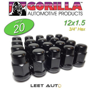 (20) Gorilla Lug Nuts, Black, 12x1.5 Thread, 3/4" Hex 19mm, Bulge Acorn, 41138BC