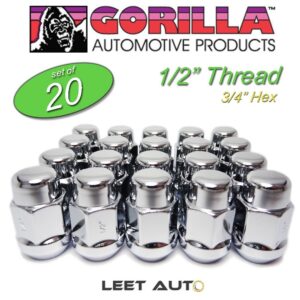 (20pc.) Gorilla Lug Nuts, 1/2" Thread, 3/4" Hex 19mm, Bulge Acorn, Chrome, 41188