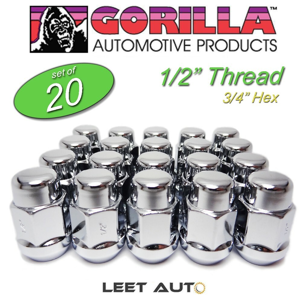 (20pc.) Gorilla Lug Nuts, 1/2" Thread, 3/4" Hex 19mm, Bulge Acorn, Chrome, 41188