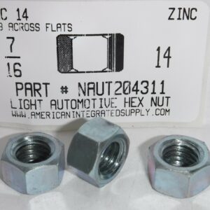 7/16-14 LIGHT AUTOMOTIVE HEX NUTS 5/8" ACROSS THE FLATS STEEL ZINC PLATED (50)
