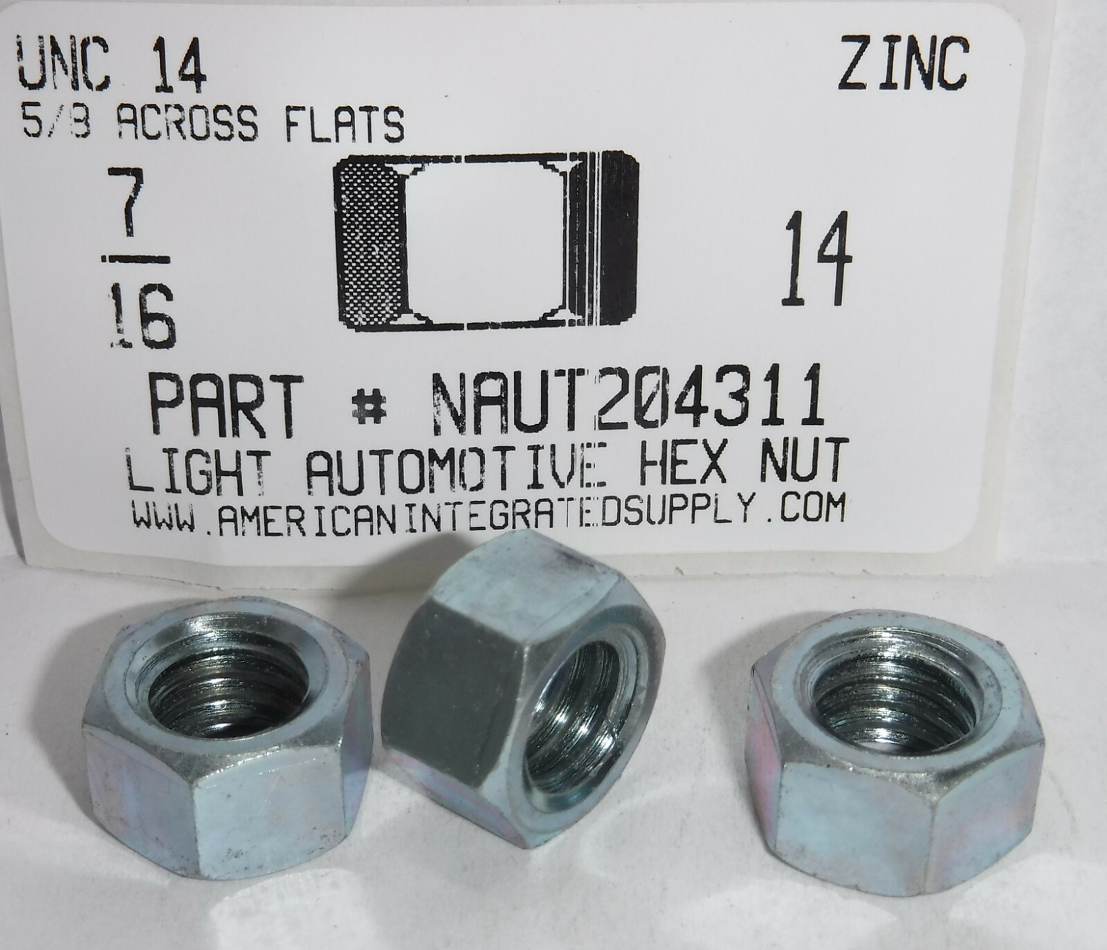 7/16-14 LIGHT AUTOMOTIVE HEX NUTS 5/8" ACROSS THE FLATS STEEL ZINC PLATED (50)