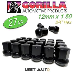 (27)Gorilla Lug Nuts, 12mm x 1.5, Factory Style Bulge, Black, 3/4 Hex, 41138FSBC