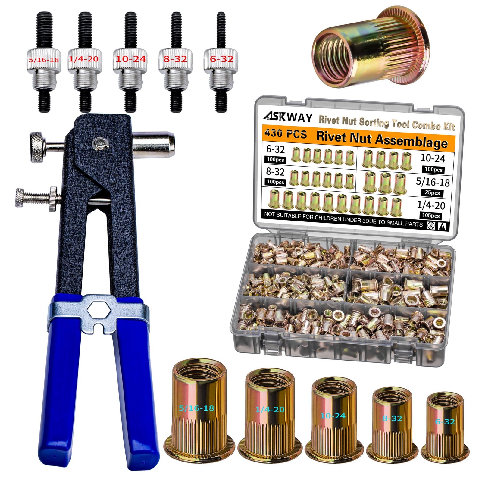 Rivet Nut Tool Kit 430pcs SAE Sizes for Automotive, Marine, Industrial Use